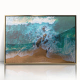 Framed acrylic wall art featuring a serene beach landscape with golden accents, ideal for home décor, showcasing vibrant colors and a tranquil atmosphere.