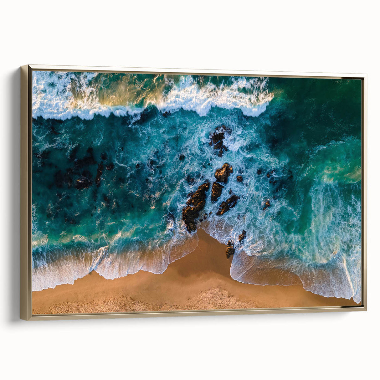 Framed canvas wall art showcasing a serene beach landscape with golden accents, designed to enhance modern home decor. Perfect for creating a calming ambiance.