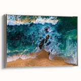 Framed wall art collection showcasing a serene beach landscape with calming blue tones and silver accents, perfect for enhancing modern interior decor.