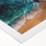 Vibrant rolled canvas showcasing a serene beach landscape with palm trees and soft waves, ideal for coastal decor in living spaces, packaged securely for delivery.