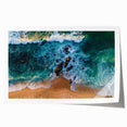 Vibrant beach landscape wall art print featuring serene ocean waves and golden sand, rolled and ready for display in a stylish home decor setting. Ideal for enhancing interior aesthetics and creating a calming atmosphere.