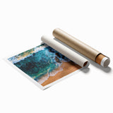 Vibrant rolled wall art print showcasing a serene beach landscape with soft pastel colors, perfect for home decor, rolled and securely packaged for delivery.