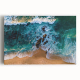 Vibrant stretched canvas wall art showcasing a serene beach landscape with soft waves and golden sand, perfect for coastal-themed decor in homes or offices.