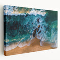 Stretched canvas wall art depicting a serene beach landscape at sunset, featuring soft pastel colors and calming waves, ideal for coastal decor enthusiasts.