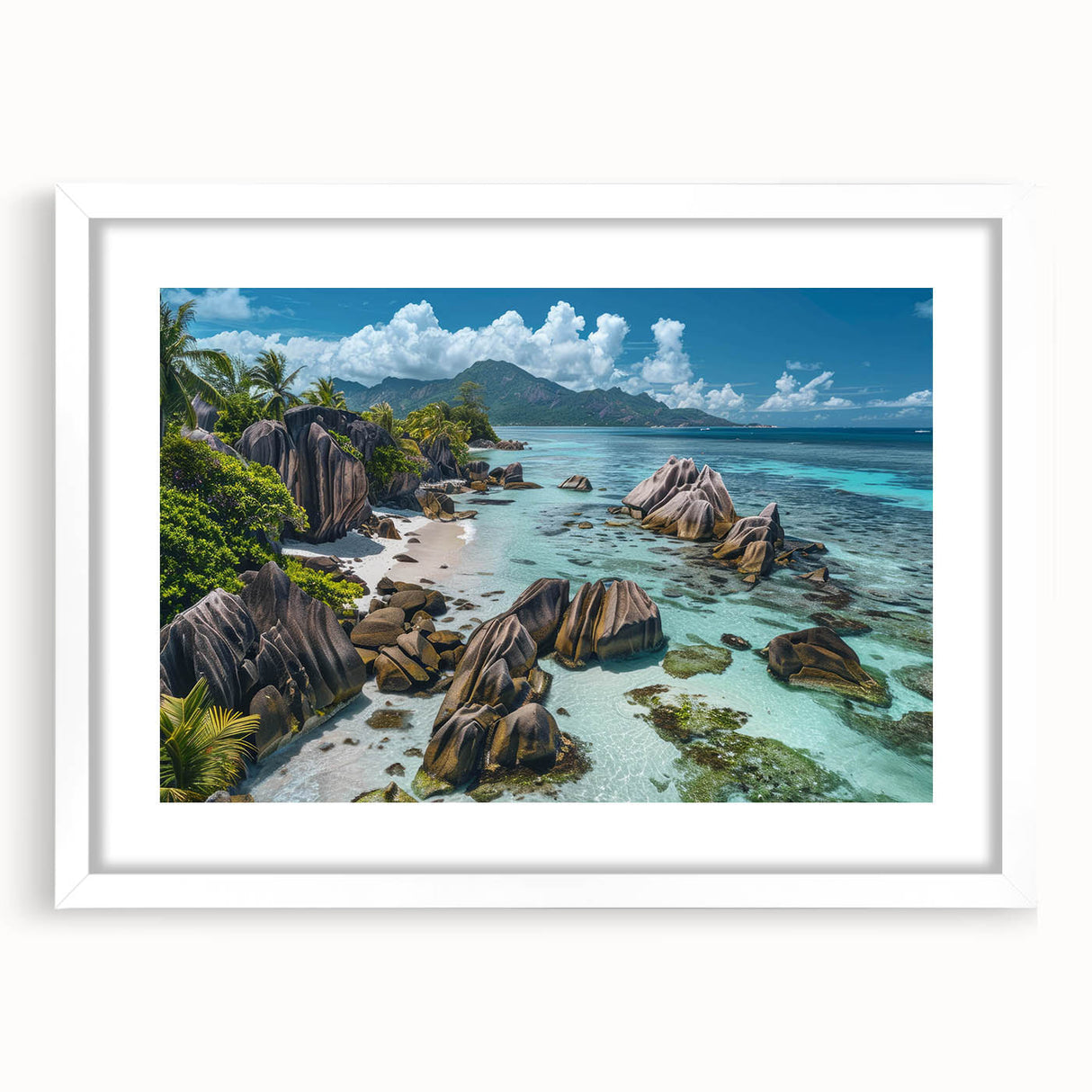 Framed wall art showcasing a serene beach landscape with vibrant colors, featuring a white mat and sleek frame, perfect for home decor or office enhancement.