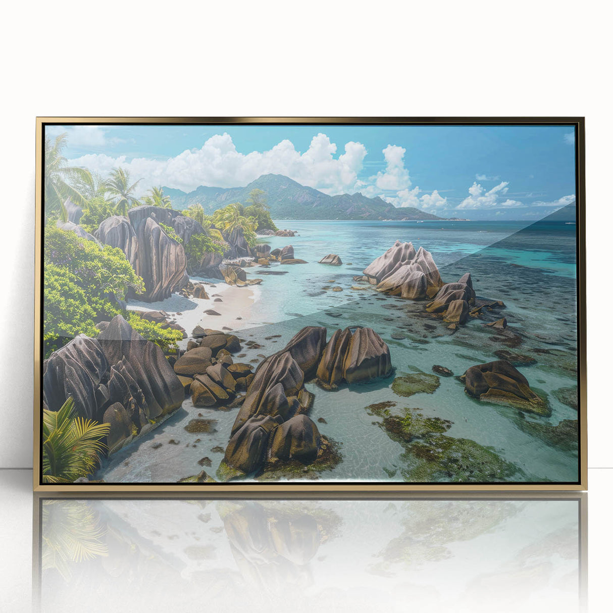 Framed acrylic wall art showcasing a stunning beach landscape design, featuring vibrant colors and gold accents, perfect for home decor. Ideal for beach lovers.