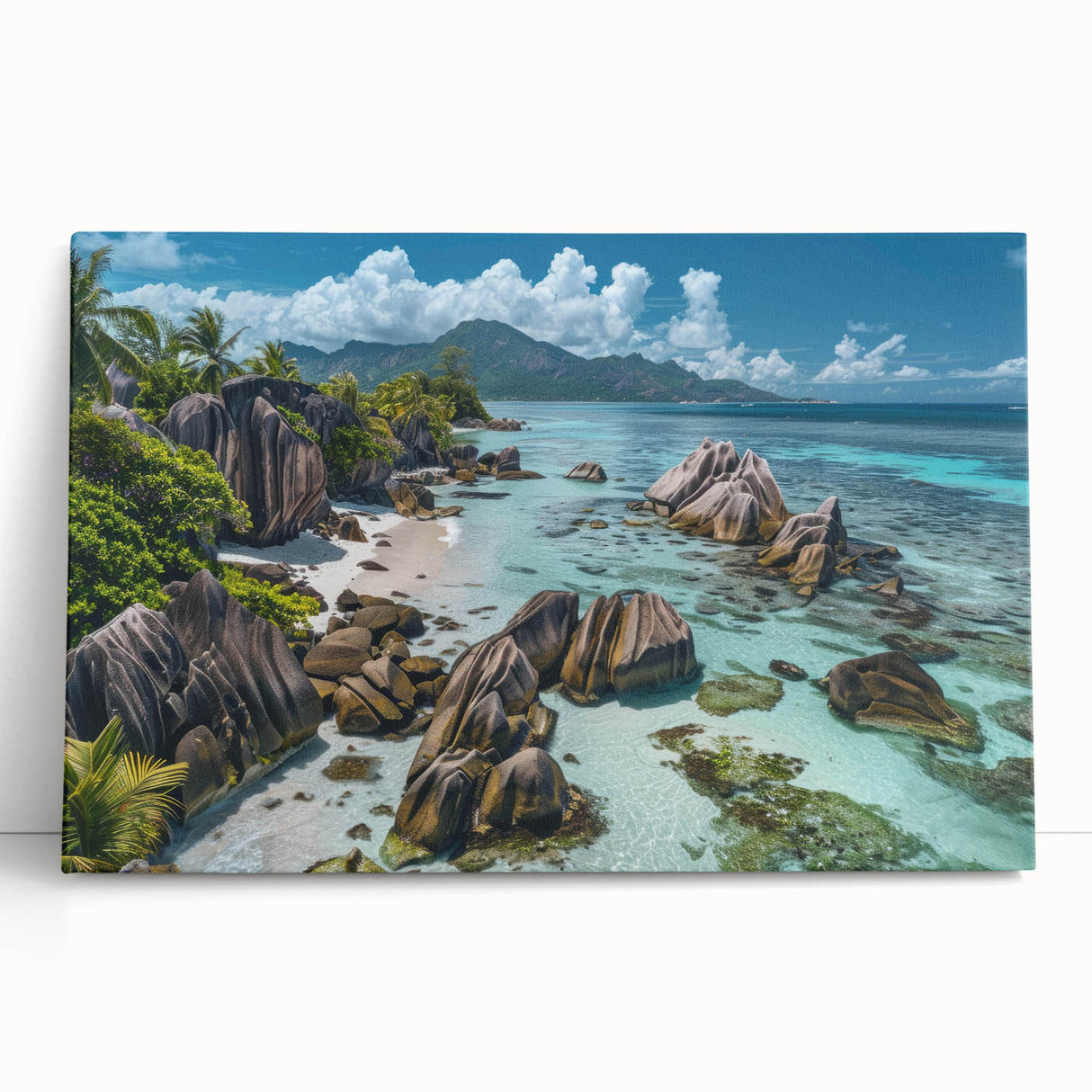 Stretched canvas artwork showcasing a serene beach landscape with vibrant colors, perfect for home decor. Ideal for creating a calming atmosphere in any living space.