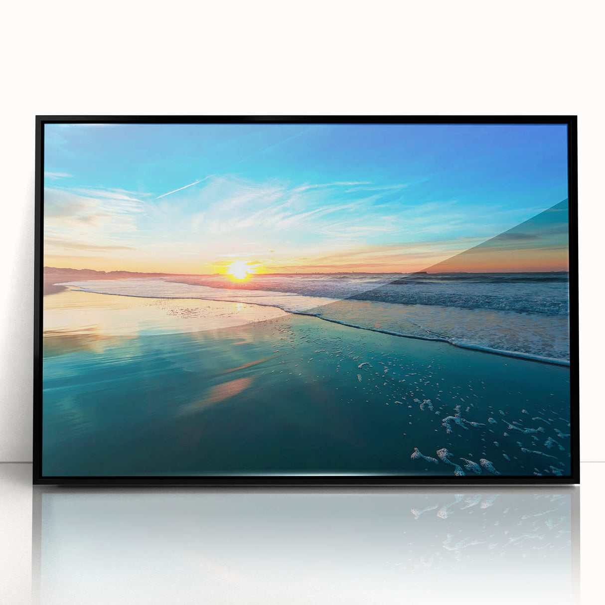 Framed black acrylic wall art showcasing a serene beach landscape, featuring vibrant colors and intricate details, perfect for modern home decor.