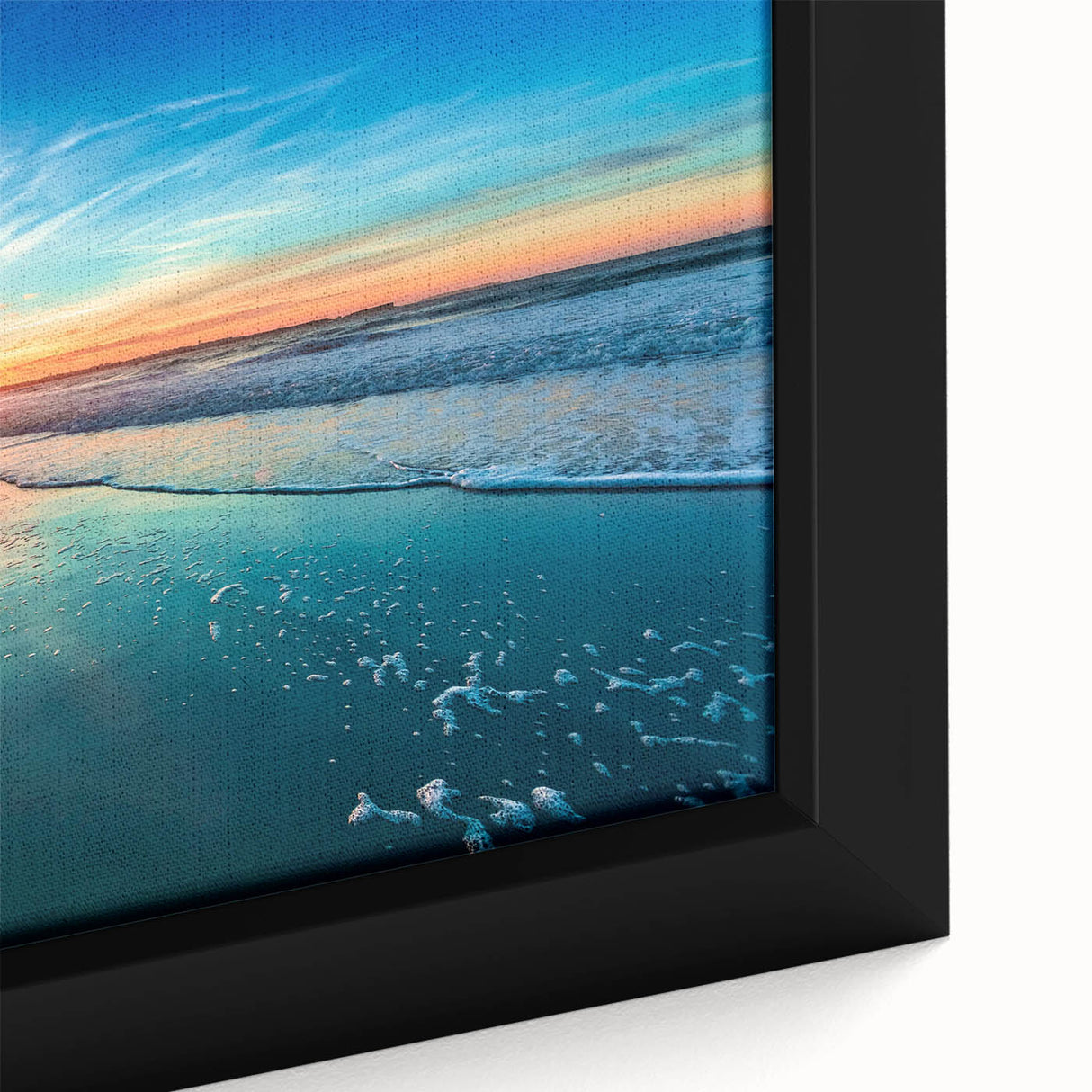 Framed canvas wall art featuring a serene beach landscape, showcasing vibrant colors and intricate details, perfect for home decor in coastal-themed interiors.
