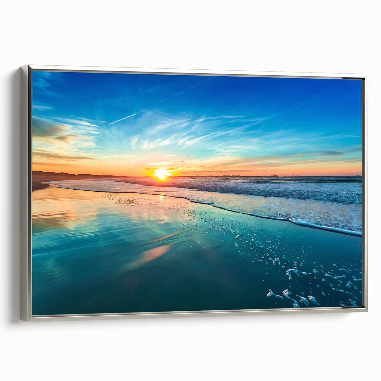 Framed canvas wall art showcasing a serene beach landscape with vibrant colors and silver accents, ideal for home decor and coastal themes, side view displayed.