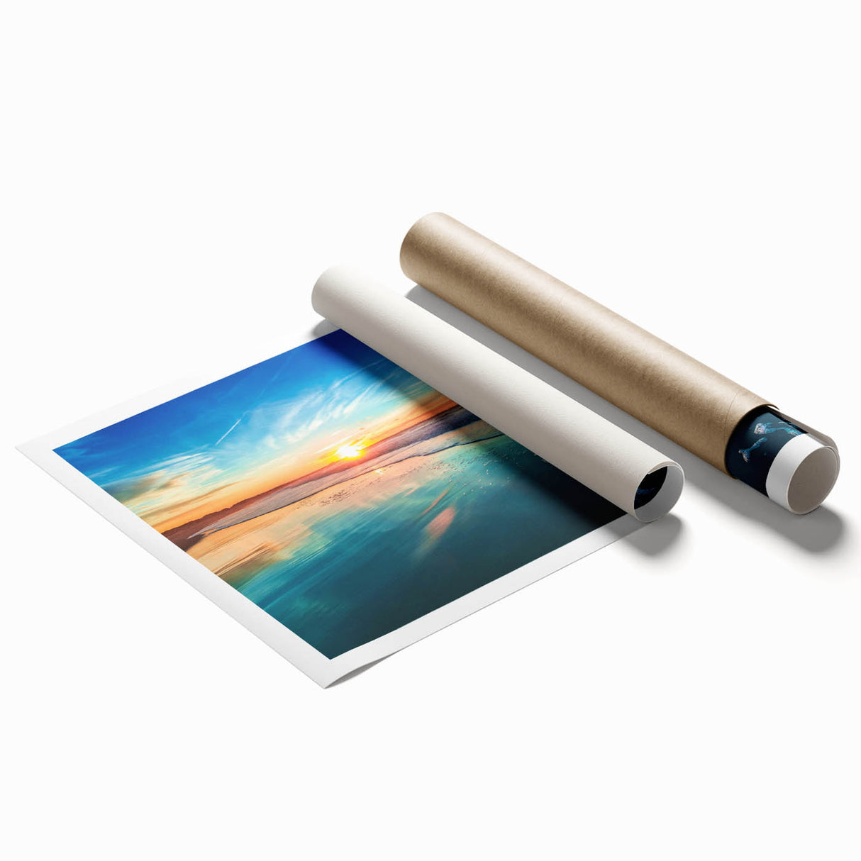 Vibrant rolled print showcasing a serene beach landscape with palm trees and sunset hues, perfect for adding a tropical vibe to home decor.