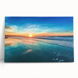 Stretched canvas wall art depicting a serene beach landscape with vibrant colors, ideal for home decor, showcasing relaxing ocean waves and soft sand.