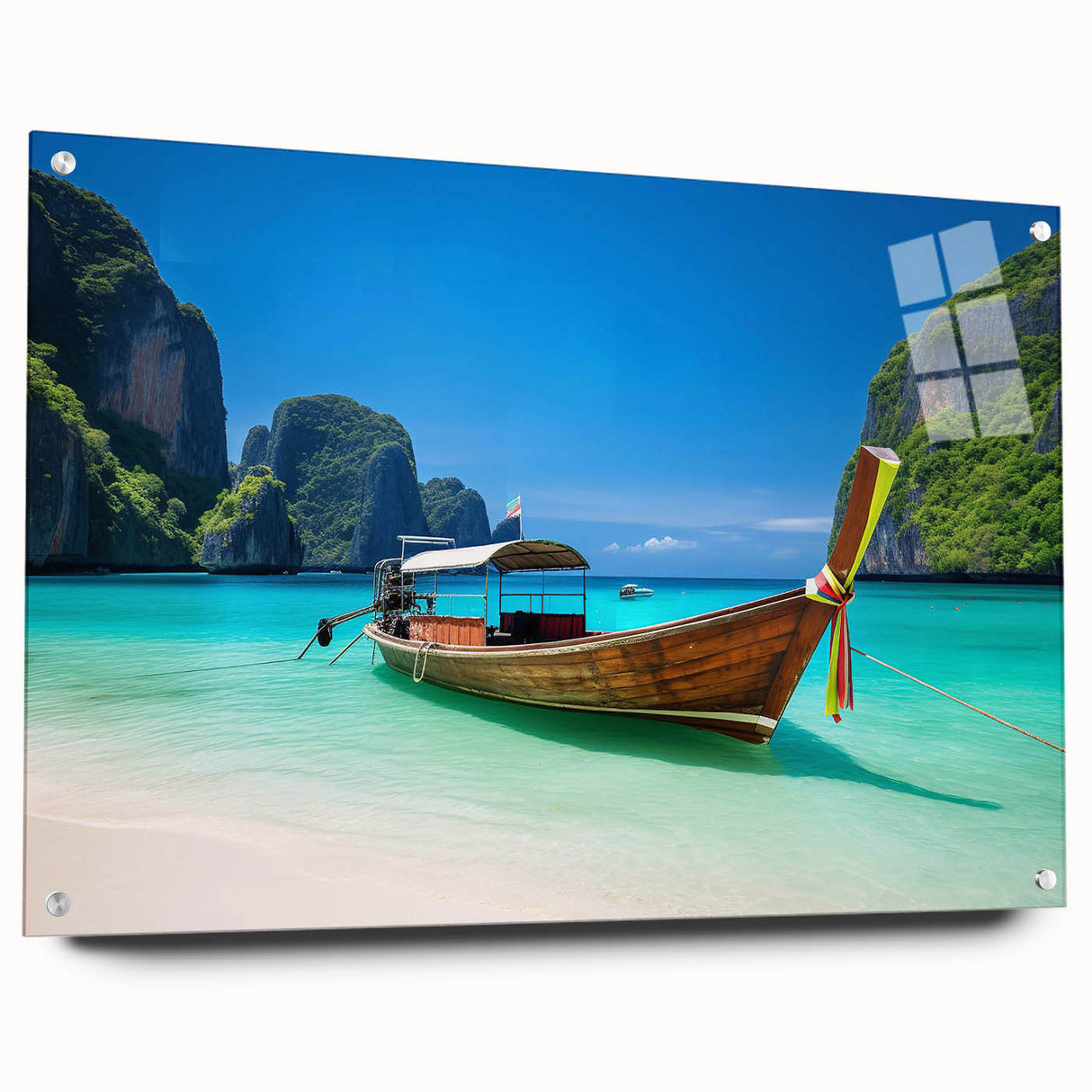 Acrylic wall art showcasing a vibrant beach landscape design, displayed in a side view with decorative pins, emphasizing its modern aesthetic and colorful details. Perfect for enhancing living spaces with a coastal theme.