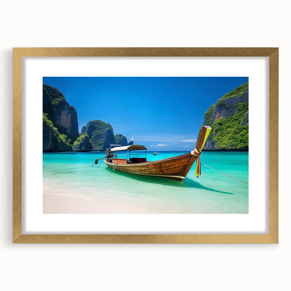 Framed wall art showcasing a serene beach landscape with vibrant colors, featuring a gold mat and frame, designed to enhance any home decor aesthetic.