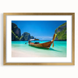 Framed wall art showcasing a serene beach landscape with vibrant colors, featuring a gold mat and frame, designed to enhance any home decor aesthetic.