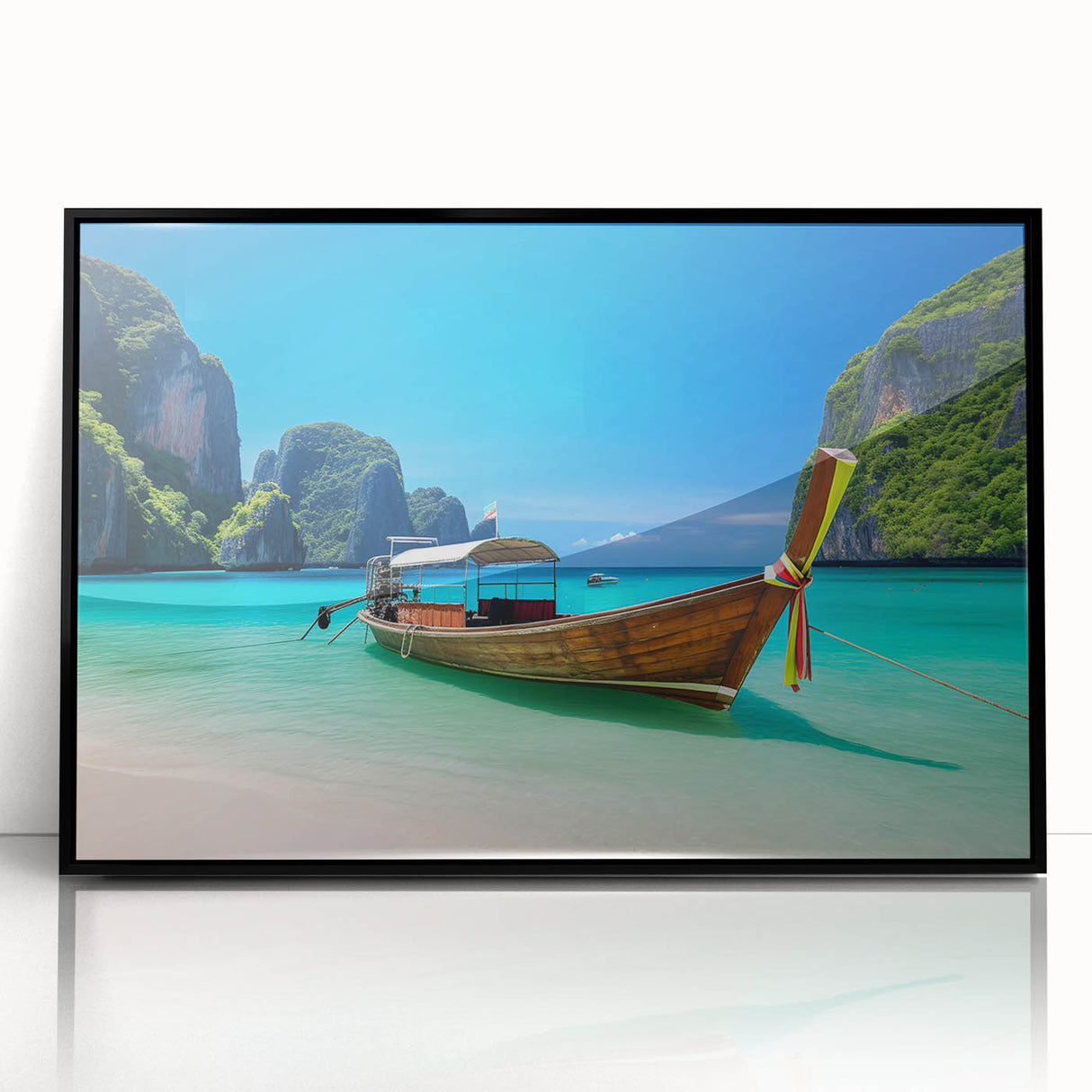 Framed acrylic wall art showcasing a serene beach landscape with vibrant colors, elegantly presented in a sleek black frame, perfect for home decor.