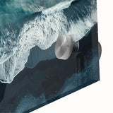 Close-up of a vibrant acrylic glass wall art piece showcasing a serene beach landscape, featuring soft pastel colors and dynamic wave patterns, ideal for home decor.