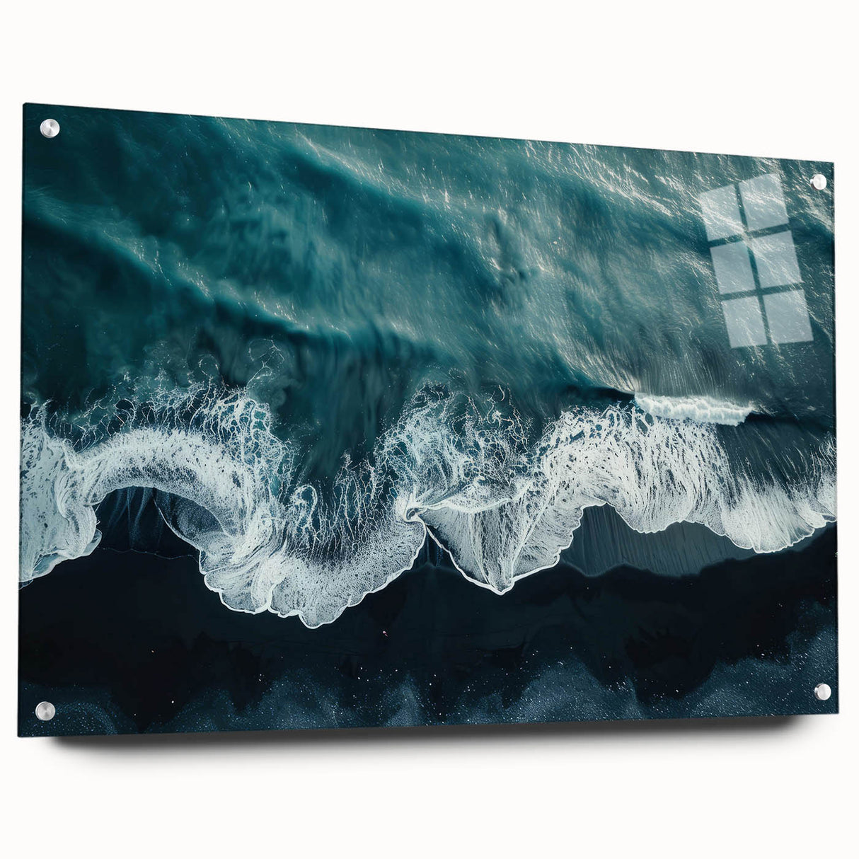 Acrylic glass wall art display showcasing a vibrant beach landscape design, featuring vivid colors and intricate details, mounted with pins for a modern presentation. Ideal for home decor or office settings, this piece enhances any space with its stunning coastal imagery.