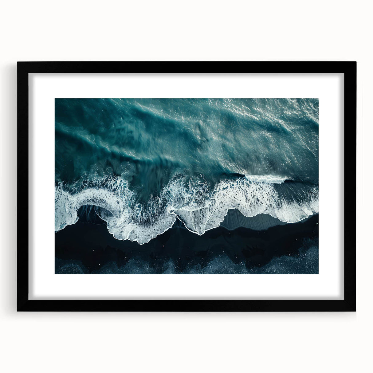 Framed wall art featuring a serene beach landscape design, showcasing soft waves and a vibrant sunset; presented in a sleek black frame with a mat for an elegant finish. Ideal for adding a tranquil touch to home decor.