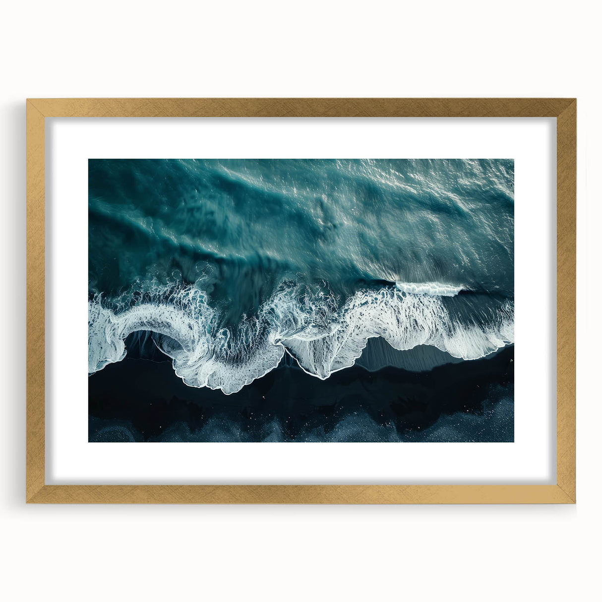 Framed wall art design showcasing a serene beach landscape in soft pastel colors, encased in an elegant gold frame with a mat, perfect for enhancing home decor.