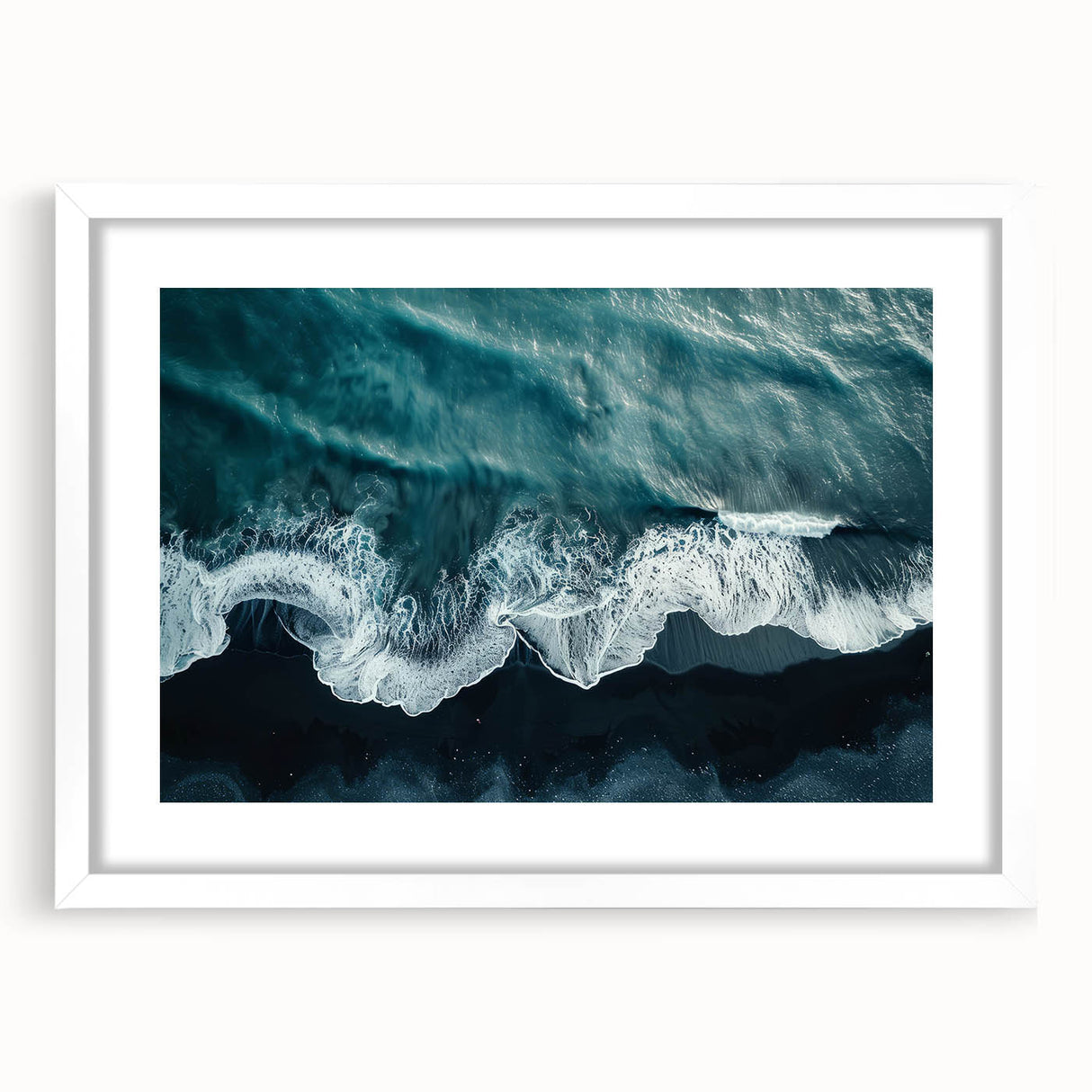 Framed wall art featuring a serene beach landscape design, showcasing vibrant colors and intricate details, set in a white mat and frame, perfect for home decor.