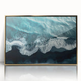 Framed acrylic wall art showcasing a serene beach landscape with golden accents, perfect for adding a touch of elegance to home decor. The artwork captures soft waves and a tranquil sky, making it an ideal centerpiece for coastal-themed interiors.