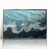 Framed wall art showcasing a serene beach landscape with vibrant colors and intricate details, set in a sleek silver frame, perfect for home decor.