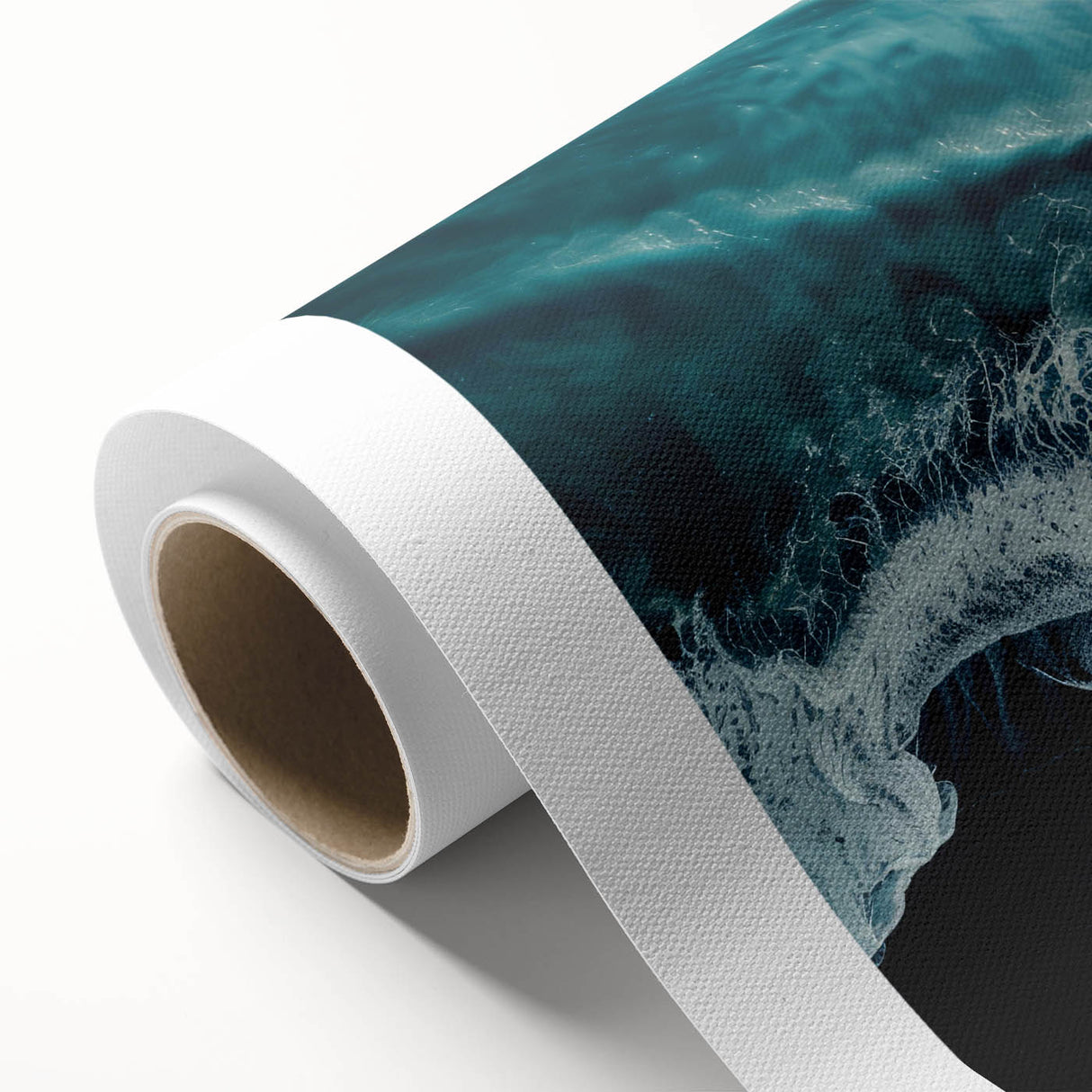 Vibrant rolled canvas print showcasing a serene beach landscape with gentle waves and a sunset sky, ideal for home decor in coastal-themed interiors.