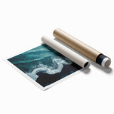 Stunning rolled print of a serene beach landscape featuring soft waves and golden sands, designed for wall art collection, elegantly packaged in a protective tube.