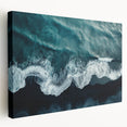 Stretched canvas wall art depicting a serene beach landscape with vibrant colors and soothing tones, showcasing gentle waves and a clear sky, ideal for home decor.