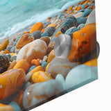 Close-up view of a vibrant acrylic glass wall art piece showcasing a stunning beach landscape design, highlighting rich colors and intricate details, perfect for home decor.
