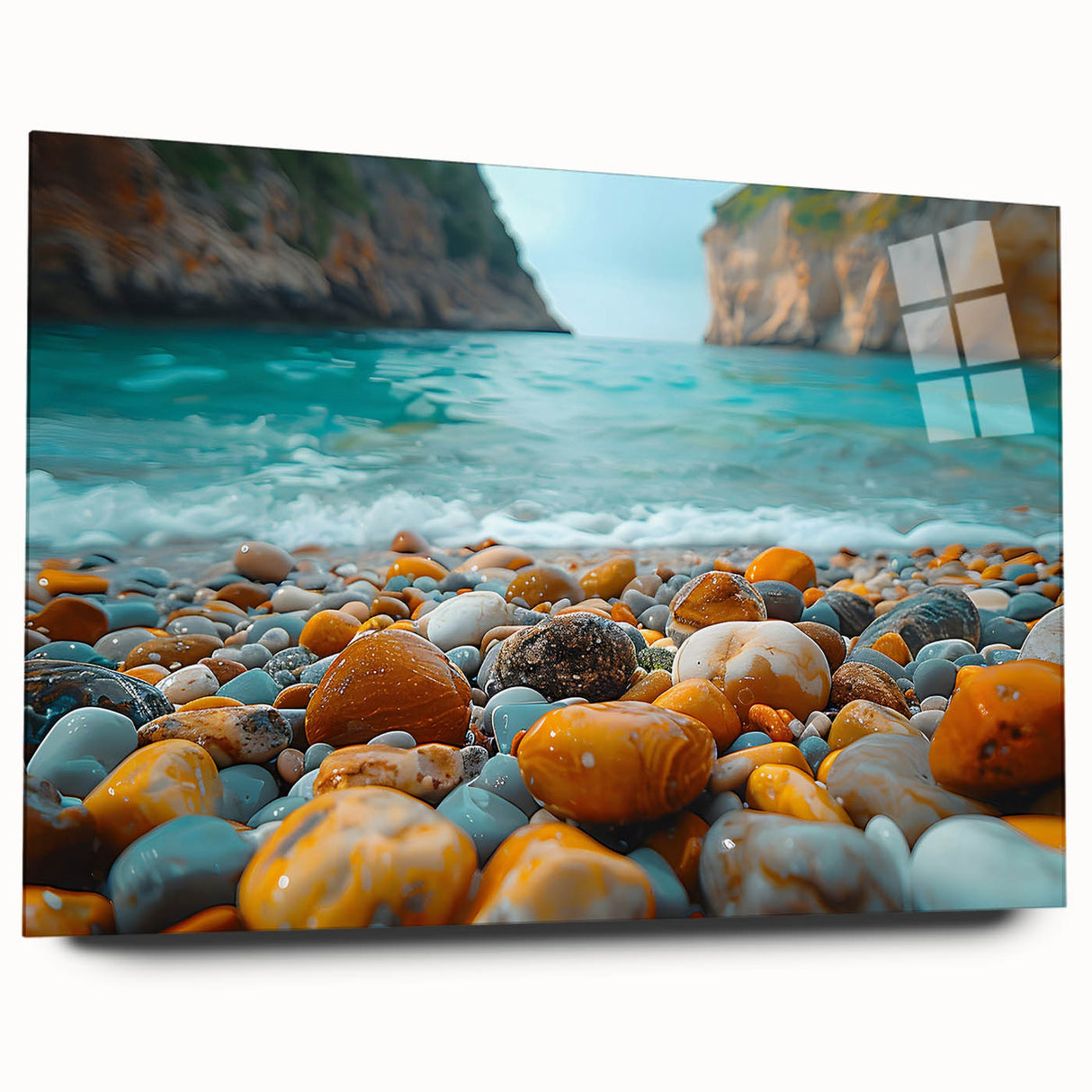 Side view of a contemporary acrylic glass wall art piece showcasing a serene beach landscape with vibrant colors and intricate details, perfect for modern home decor.