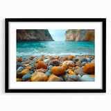 Framed black wall art featuring a serene beach landscape design, showcasing vibrant colors and textures, ideal for enhancing home decor with a coastal theme.