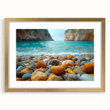 Elegant framed wall art featuring a serene beach landscape design with a gold mat, ideal for enhancing home decor and creating a calming atmosphere.