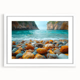 Framed wall art showcasing a serene beach landscape with vibrant colors, featuring a white mat and sleek frame, perfect for enhancing home decor.