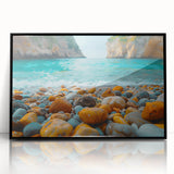 Framed acrylic wall art showcasing a serene beach landscape with vibrant colors, set in a sleek black frame, perfect for coastal home decor.