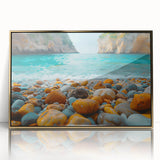 Framed acrylic wall art featuring a stunning beach landscape design with gold accents, ideal for modern home decor. This piece adds a touch of elegance and tranquility to any room, showcasing vibrant colors and intricate details.