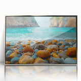 Framed wall art depicting a serene beach landscape with vibrant colors, showcased in a sleek silver frame, ideal for enhancing modern home decor.