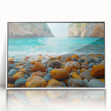 Framed acrylic wall art from the Landscapes & Beaches collection showcases a serene beach scene with vibrant colors, perfect for home decor enhancement.