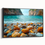 Framed canvas wall art showcasing a serene beach landscape design with vibrant colors, featuring a black frame and a side view that highlights its depth and texture. Ideal for enhancing any coastal-themed decor.
