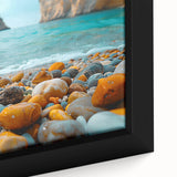 Framed canvas wall art showcasing a vibrant beach landscape, featuring vivid blue waters, golden sands, and lush greenery, perfect for coastal decor enthusiasts.