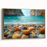 Framed wall art showcasing a vibrant beach landscape with golden accents, perfect for home decor. The canvas features tranquil ocean waves and a sunset backdrop, enhancing any living space's aesthetic appeal.