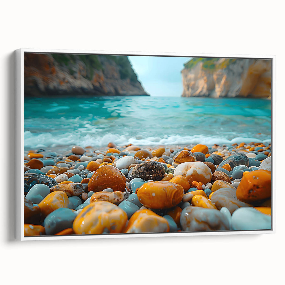 Framed wall art featuring a serene beach landscape with vibrant colors, showcasing gentle waves and a clear sky, perfect for coastal home decor.
