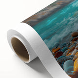 Rolled canvas wall art showcasing a serene beach landscape with vibrant colors and soft waves, elegantly packaged in a protective cardboard tube for safe shipping.