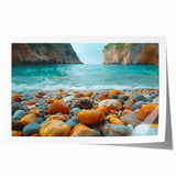 Vibrant rolled print of a serene beach landscape featuring soft waves and golden sand, ideal for coastal-themed home decor, beautifully packaged for protection.