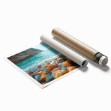Vibrant rolled print of a tropical beach landscape wall art, showcasing serene waves and golden sands, perfect for enhancing home decor with a coastal vibe.