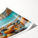 Vibrant rolled wall art print showcasing a tranquil beach landscape with soft waves and a pastel sunset, designed to enhance home decor aesthetics.