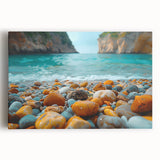 Stretched canvas wall art showcasing a serene beach landscape with vibrant blue skies and golden sands, perfect for home decor and beach-themed interiors.