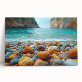 Stretched canvas wall art showcasing a vibrant beach landscape, featuring soft sand, blue ocean waves, and a colorful sunset sky, perfect for modern home decor.