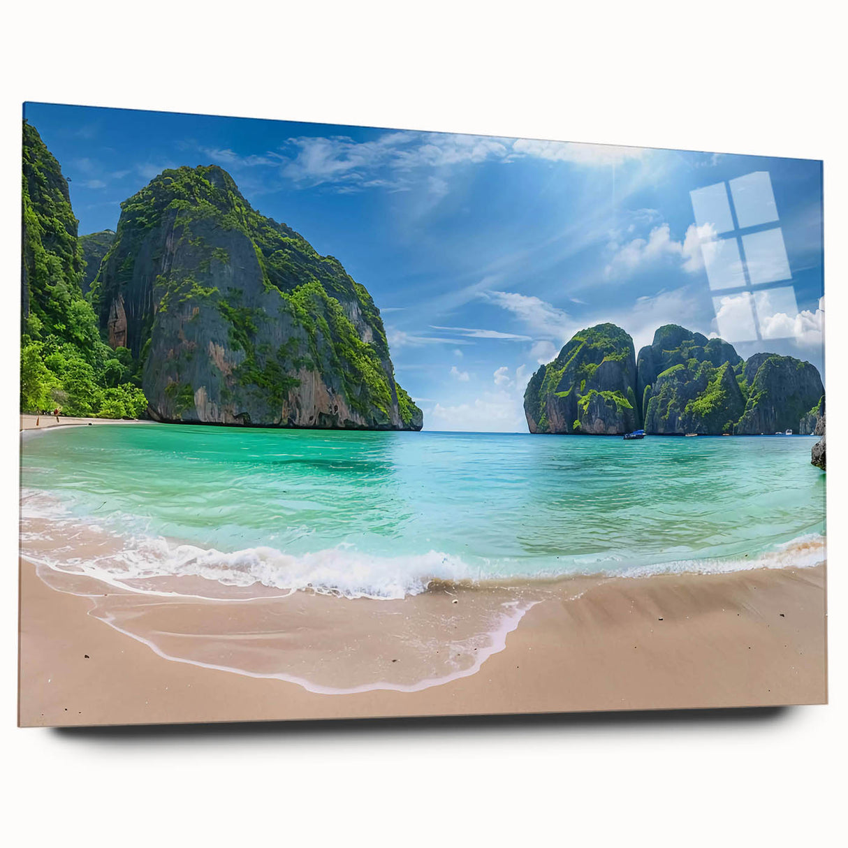 Acrylic glass wall art collection showcasing a serene beach landscape design, featuring vibrant colors and smooth edges, ideal for enhancing modern decor.